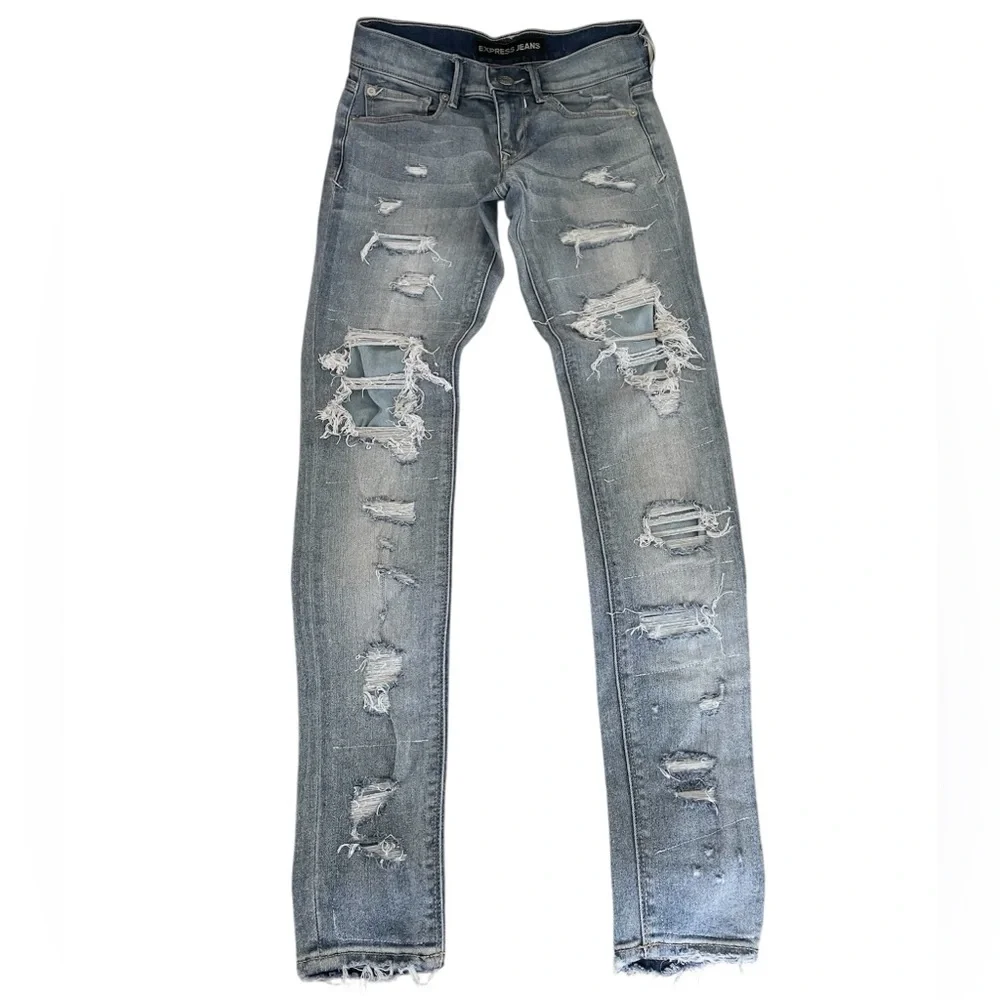 Express Blue Skinny Jeans Distressed Ripped Mid-Rise Women’s 00R - Picture 3 of 12
